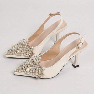 White Pearl & Rhinestone Studded Slingback Heels Shoes